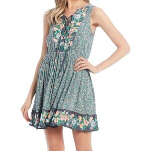 O'Neill Mini Dress Womens XS Green Linney Floral Sleeveless Lace Up Pleated